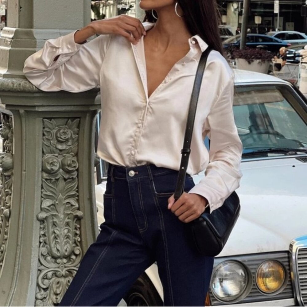 Princess Polly Ivory Satin Button-Down Blouse